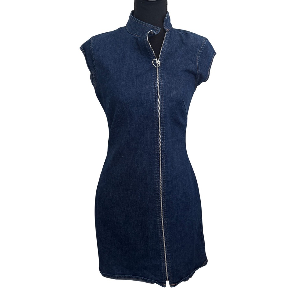 Vintage Old Navy Womens Y2K Stretch Denim Full Zip Mock Neck Mini Dress Size 6